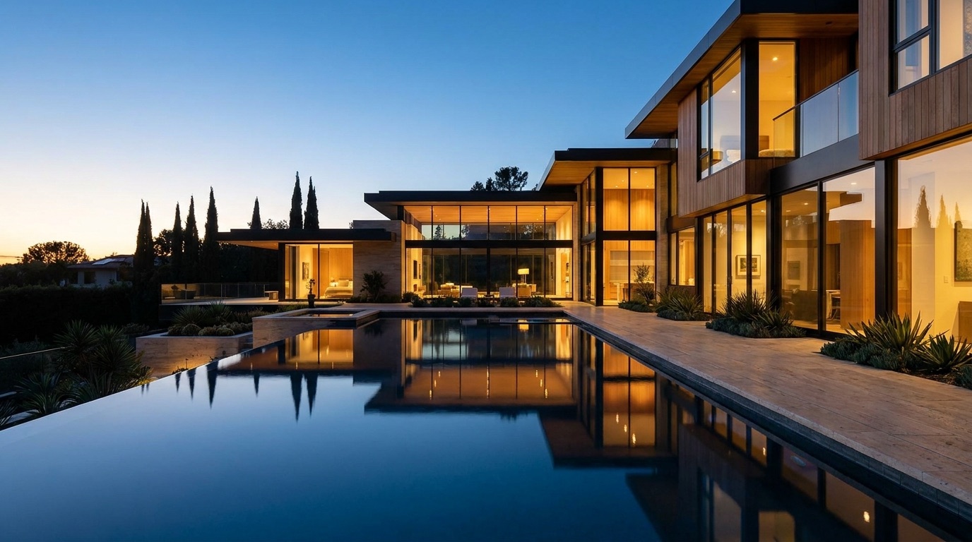 A California modern estate at dusk, glass walls glowing warm from within as interior lights turn on, its lit form mirrored in a calm infinity-edge pool beneath a pale blue-hour sky.