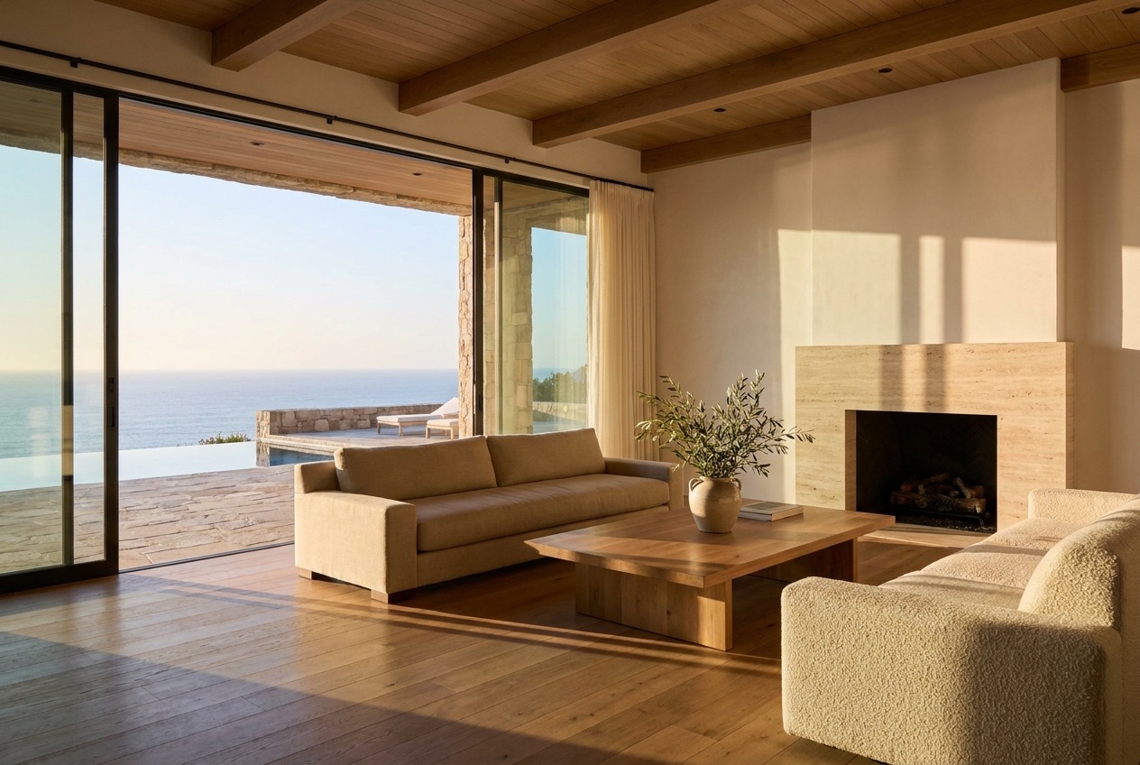 A warm California modern living room with floor-to-ceiling glass opening to a terrace and pool, oak floors and ceiling beams, a travertine fireplace, and linen furniture in soft sand tones.